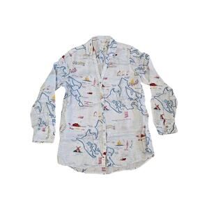 C&C California Map Print Button Up Blouse Sz M Shelter Island Linen Coastal Top